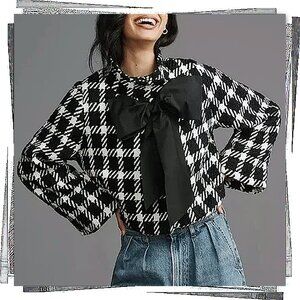 NWOT: Black & White "Kennedy" Wool Blend Houndstooth Bow Jacket (S) Eva Franco